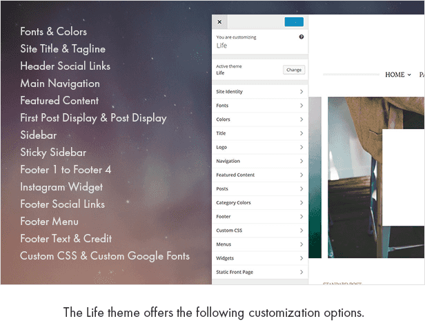 The Life theme offers the following customization options.
